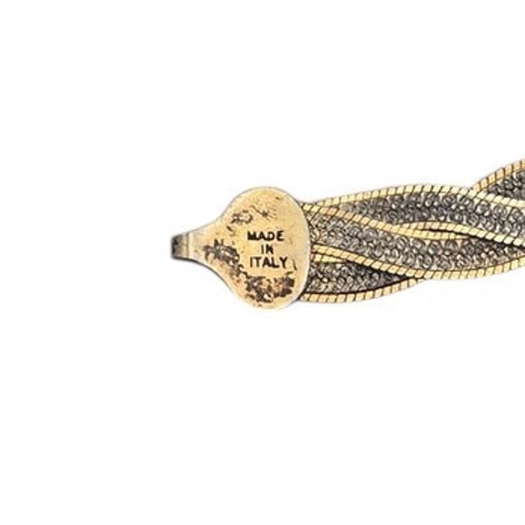 Braided Herringbone Two Tone 925 Italy Silver Etched Design 7" Vintage Bracelet - Picture 4 of 6